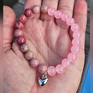 Pink Beaded Bracelet With Silver Heart Charm